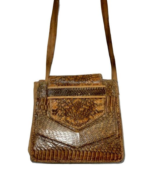 Vintage 60s 70s brown snakeskin leather geometric shaped shoulder bag. 