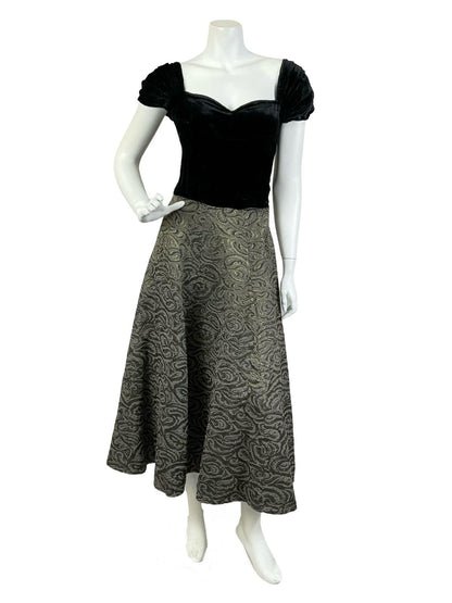 VTG 60S BLACK VELVET SWEETHEART BROWN BRONZE SWIRL SWING MAXI DRESS 10