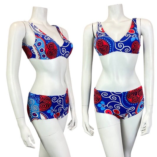 VINTAGE 60s BLUE RED WHITE PSYCHEDELIC SWIRL BIKINI SWIM SET BRALETTE SHORTS 4 6